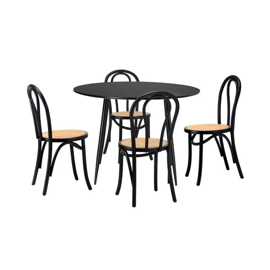 Oikiture 110cm Round Dining Table with 4PCS Dining Chairs Solid Wooden Black