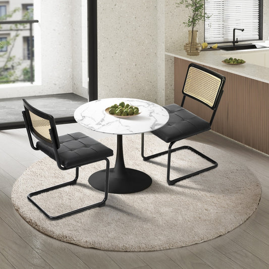 Oikiture 60cm Round Dining Table with 2PCS Dining Chairs PU Leather Black