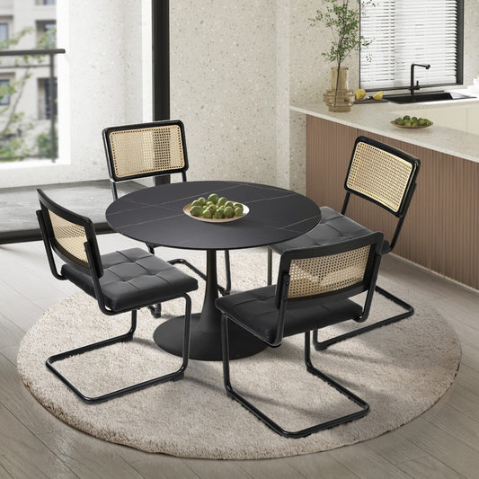 Oikiture 90cm Round Dining Table with 5PCS Dining Chairs PU Leather Black