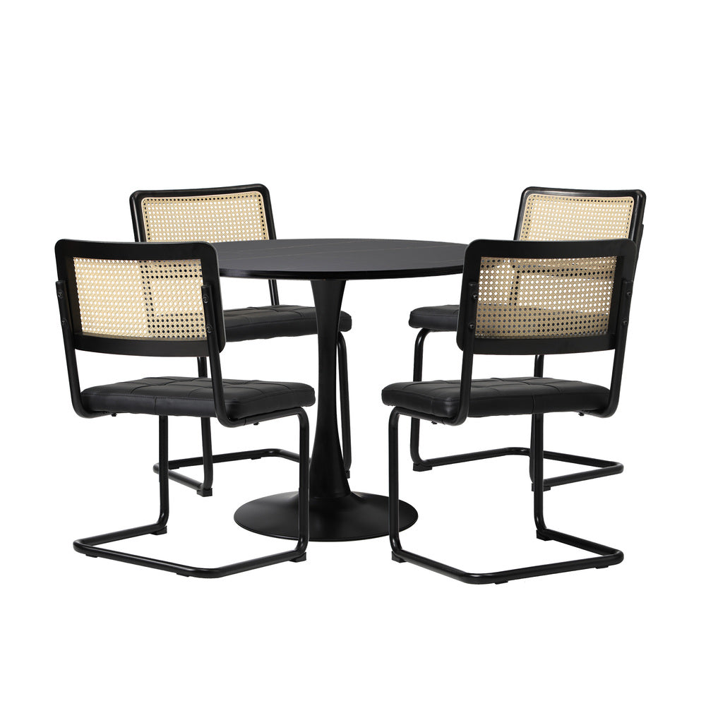 Oikiture 90cm Round Dining Table with 5PCS Dining Chairs PU Leather Black