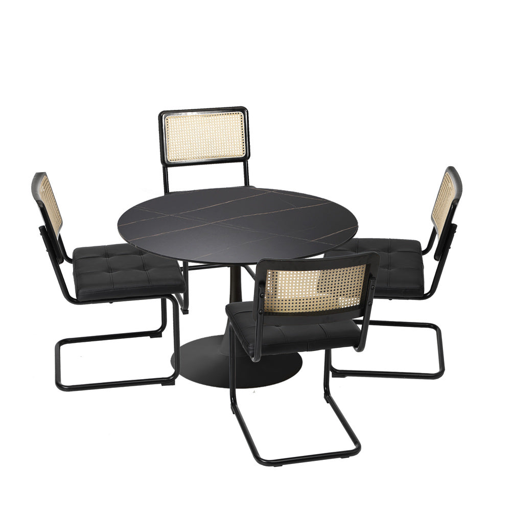 Oikiture 90cm Round Dining Table with 5PCS Dining Chairs PU Leather Black