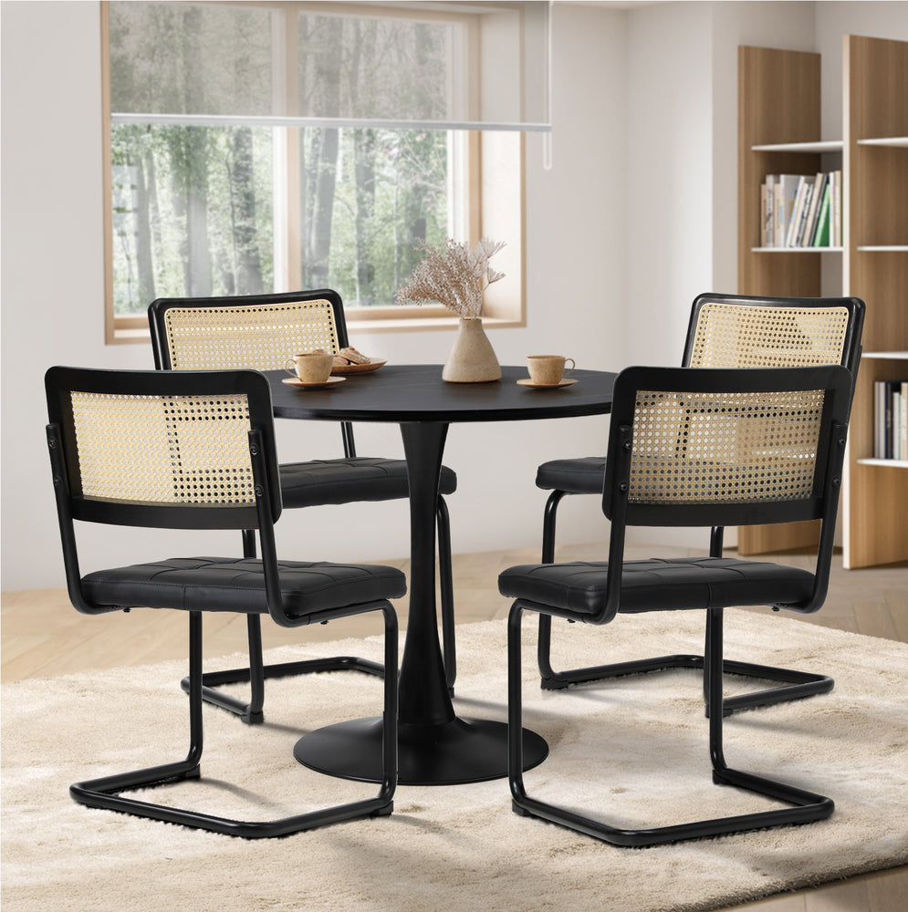 Oikiture 90cm Round Dining Table with 5PCS Dining Chairs PU Leather Black