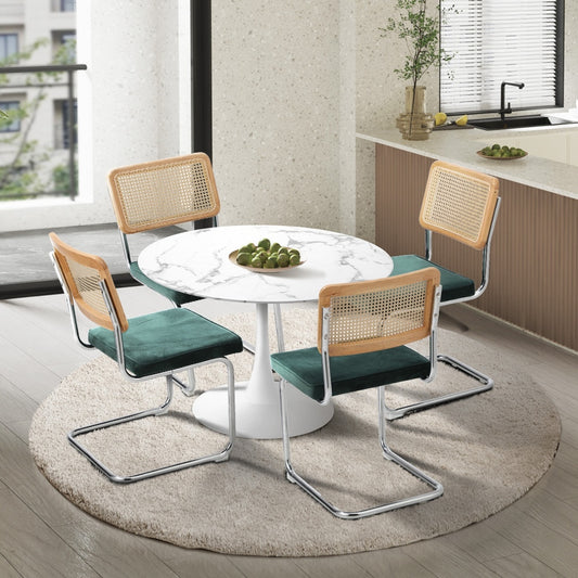 Oikiture 90cm Round Dining Table with 5PCS Dining Chairs Velvet White&Green
