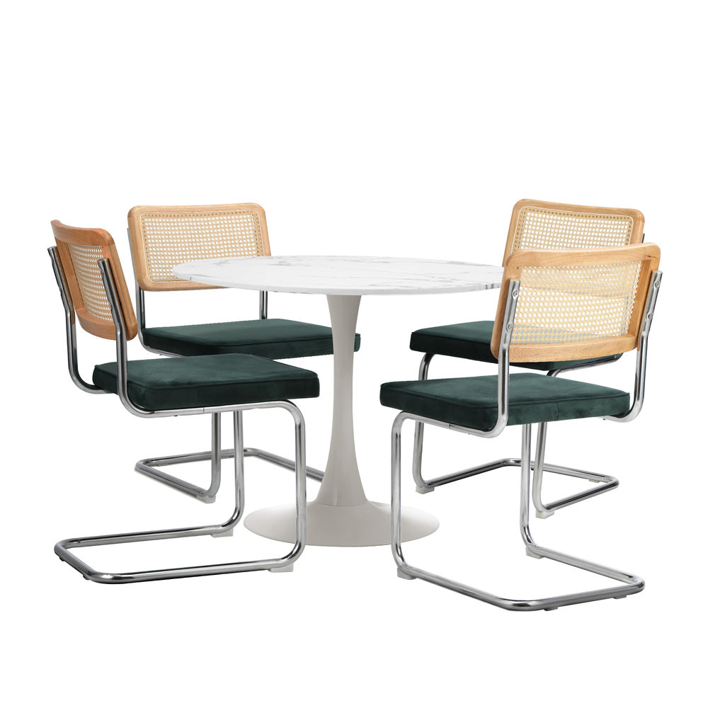 Oikiture 90cm Round Dining Table with 5PCS Dining Chairs Velvet White&Green