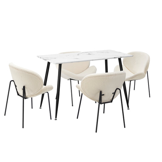 Oikiture 120cm Rectangle Dining Table with 4 Chairs Sherpa White