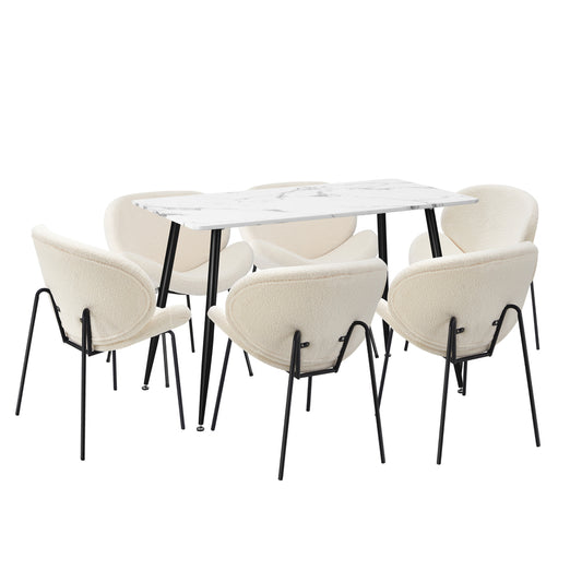 Oikiture 120cm Rectangle Dining Table with 6 Chairs Sherpa White