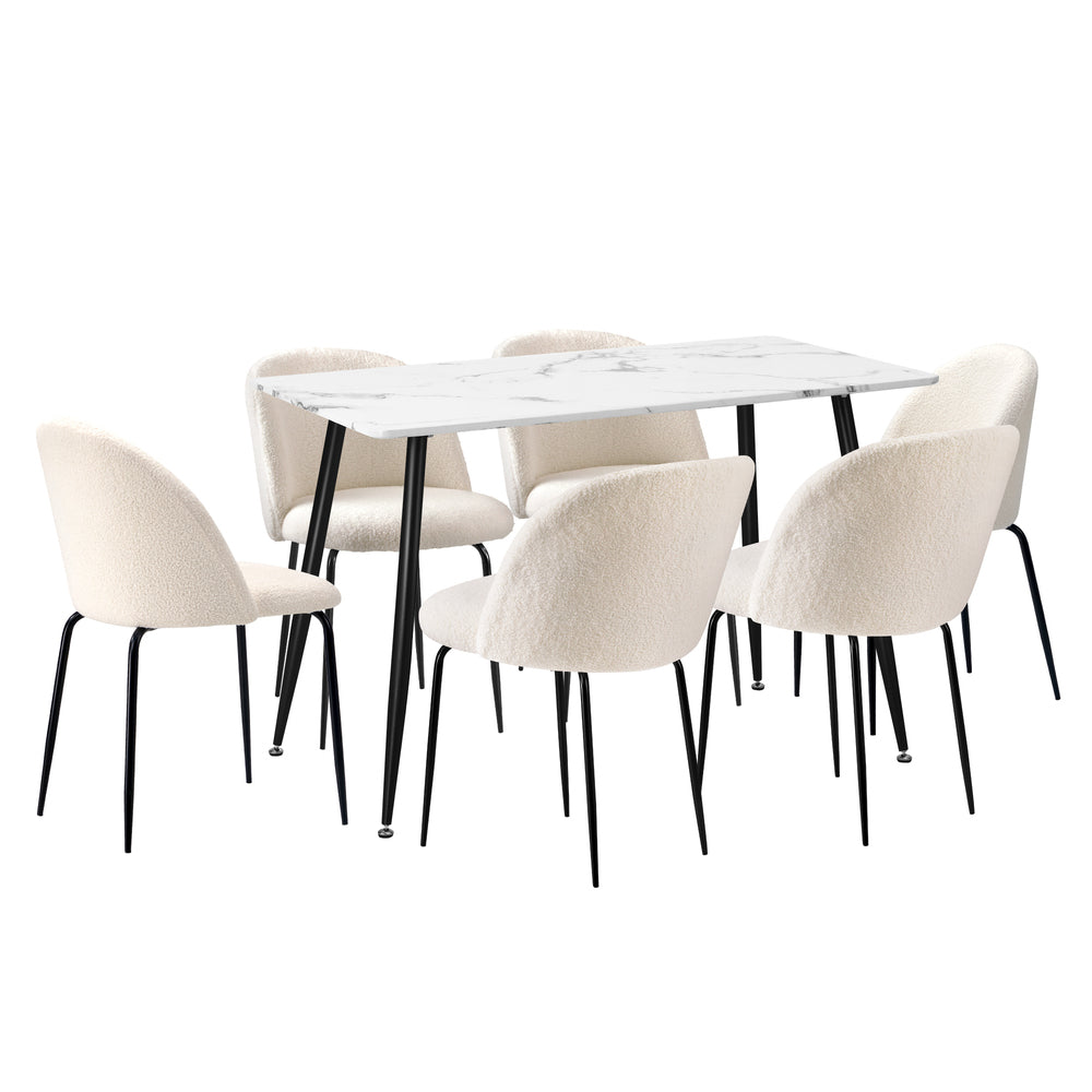 Oikiture 120cm Rectangle Dining Table with 6PCS Chairs White Sherpa