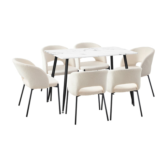 Oikiture Rectangle Dining Table with 6PCS Chairs Sherpa White