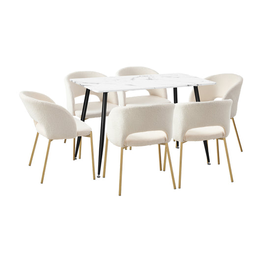 Oikiture 120cm Rectangle Dining Table with 6PCS Chairs Gold&White