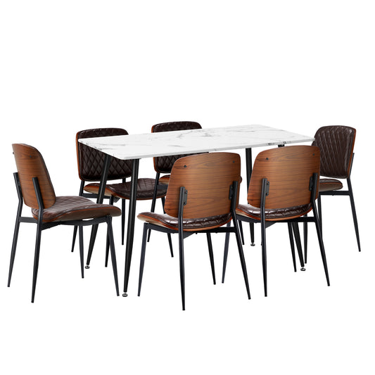 Oikiture 120cm Rectangle Dining Table with 6PCS Chairs PU Walnut