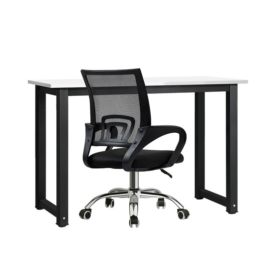 Oikiture Home Office Set BK&WH Computer Desk and Mesh Office Chair