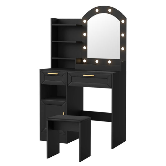 Oikiture Dressing Table Stool Set Arch Mirror 12 LED Bulbs Black