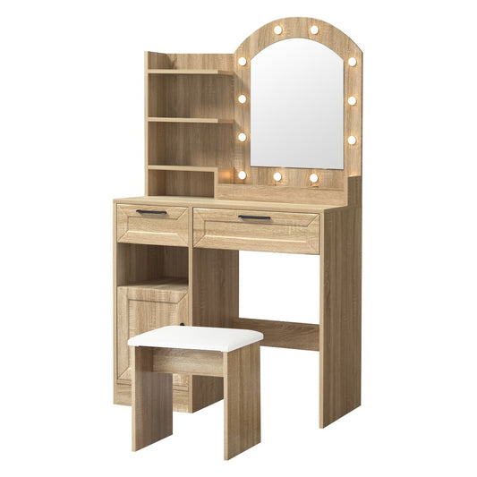 Oikiture Dressing Table Stool Set Arch Mirror 12 LED Bulbs Natural