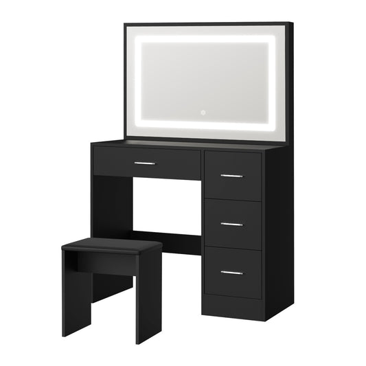 Oikiture Dressing Table Stool Set Large Mirror LED Light Black
