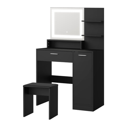 Oikiture Dressing Table Stool Set LED Light Large Cabinet Black