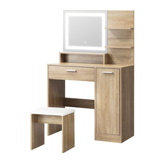 Oikiture Dressing Table Stool Set LED Light Large Cabinet Natural