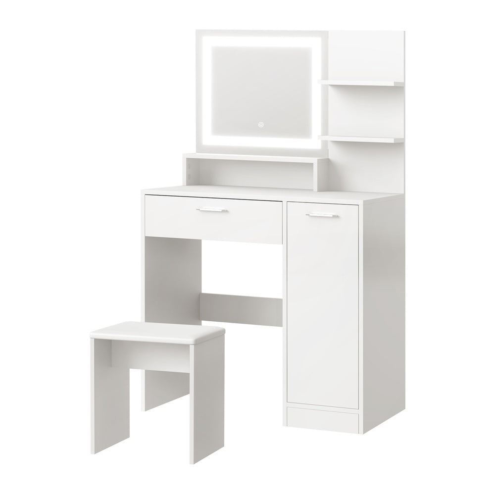 Oikiture Dressing Table Stool Set LED Light Large Cabinet White