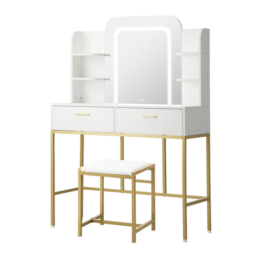 Oikiture Dressing Table Stool Set LED Mirror Vanity Desk White Gold