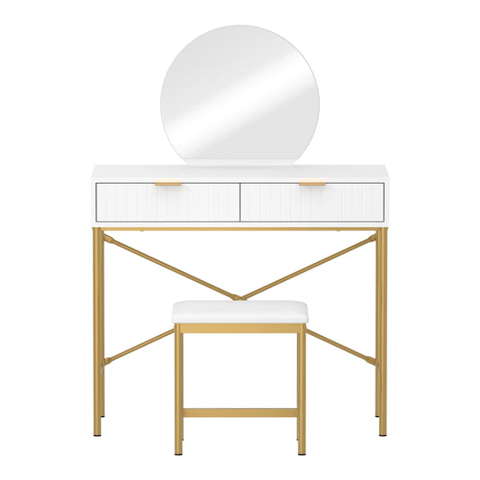 Oikiture Dressing Table Stool Set with Mirror 2 Drawers White & Gold