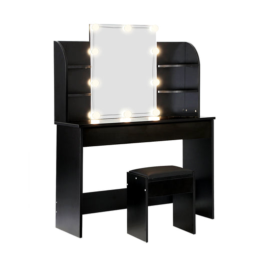 Oikiture Dressing Table Stool Set with 10 Bulbs Mirror Black