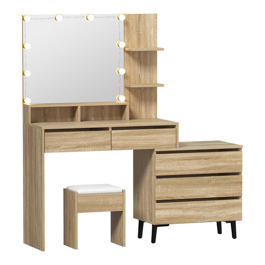 Oikiture Dressing Table Stool Set 10 LED Bulbs Natural