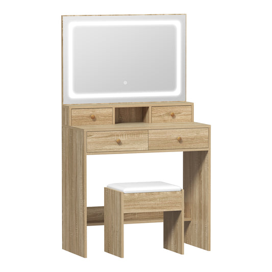 Oikiture Dressing Table Stool Set LED Mirror Natural