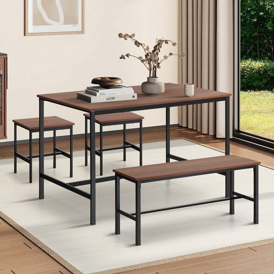 Oikiture Industrial Dining Table 4 Seaters with Kitchen Bench Chairs Natural