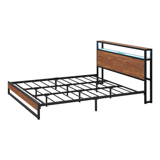 Oikiture Metal Bed Frame King Size LED Storage Headboard USB Charge