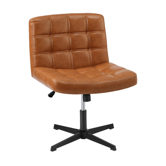 Oikiture Mid Back Office Chair Wide Seat Leather Brown No Wheels