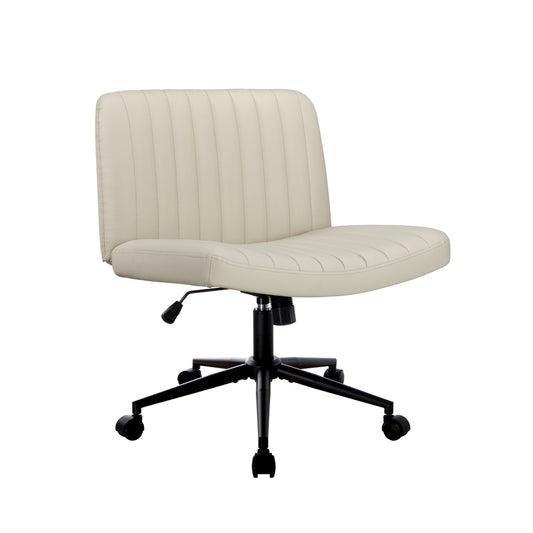 Oikiture Mid Back Office Chair Wide Seat with Wheels Leather Beige