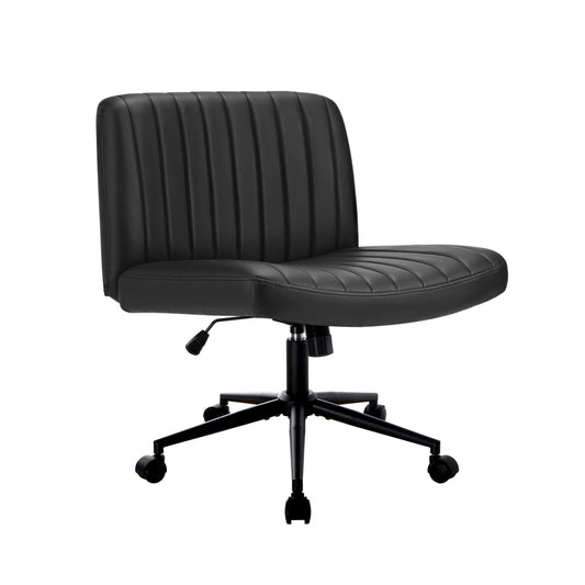 Oikiture Mid Back Office Chair Wide Seat with Wheels Leather Black