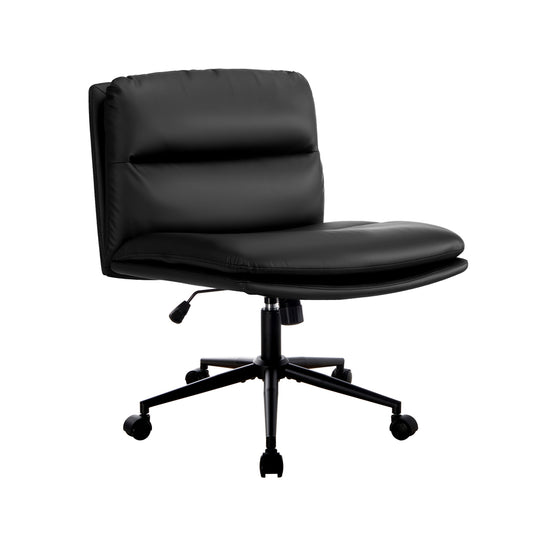Oikiture Mid Back Office Chair Wide Seat Leather Black with Wheels