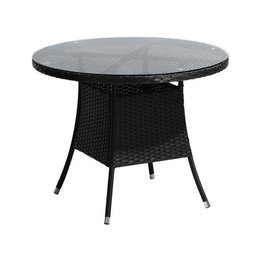 Livsip Outdoor Dining Table 90CM Glass Tabletop Black Rattan