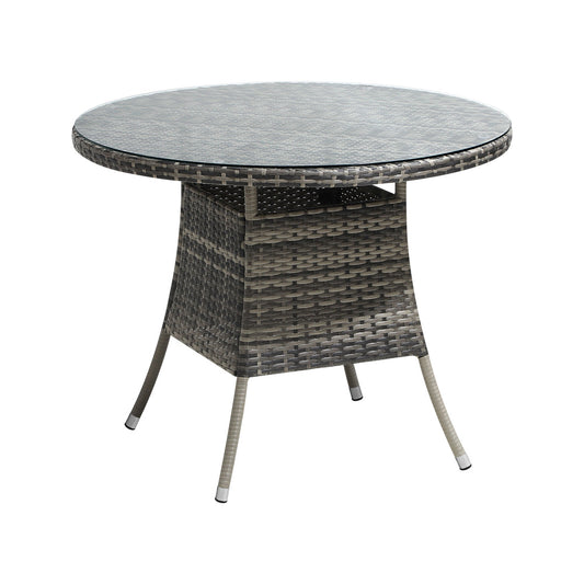 Livsip 90CM Outdoor Dining Table Glass Tabletop Grey Rattan