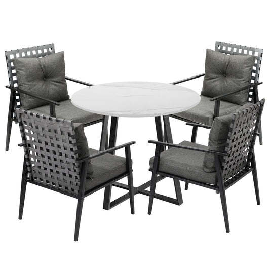 Livsip Outdoor Dining Set 4 Seater Marble Table Rattan Armchair