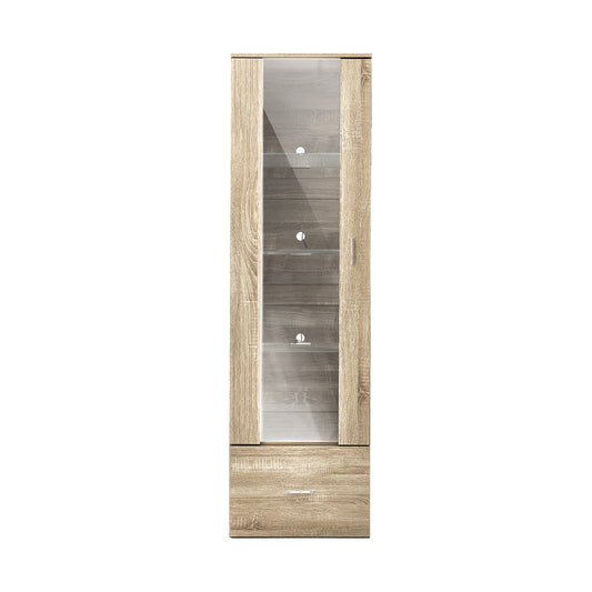 Oikiture Display Cabinet Buffet Sideboard LED Light High Gloss Door Natural