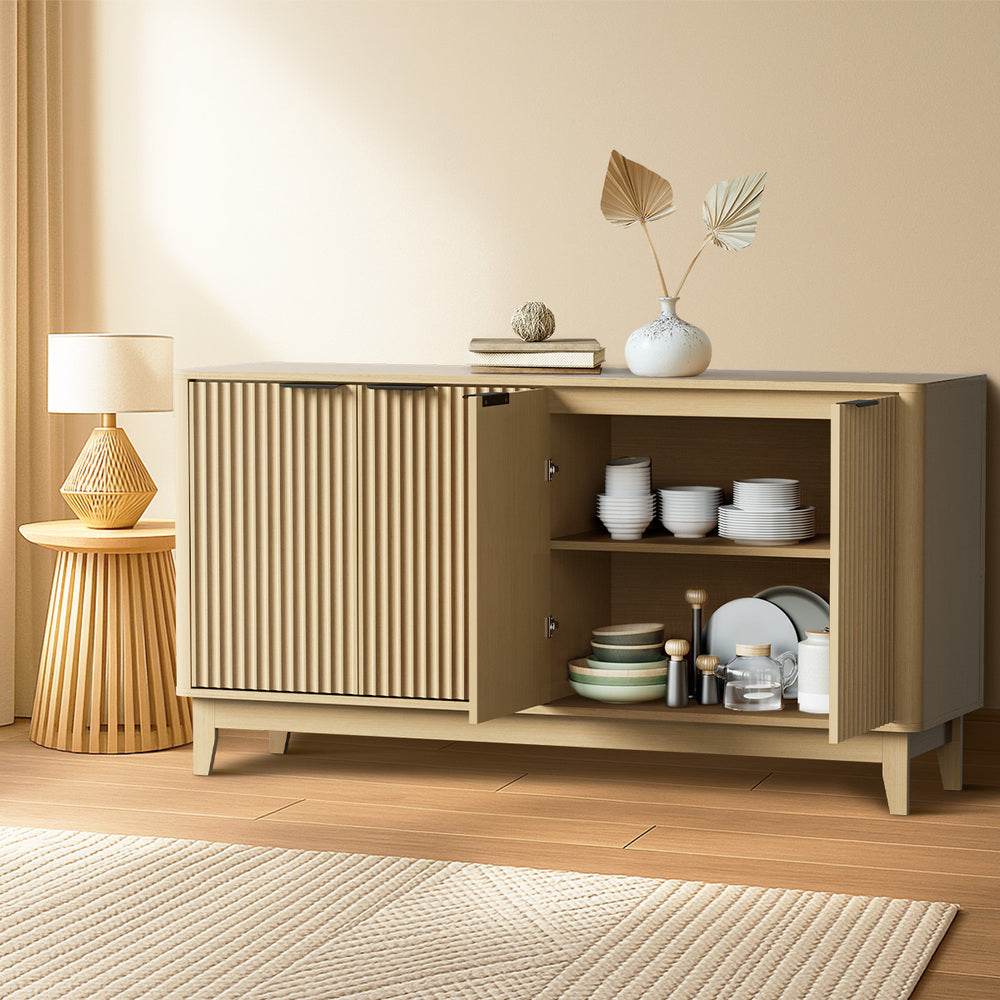 Oikiture Buffet Sideboard Storage Cabinet 4 Doors Cupboard Natural