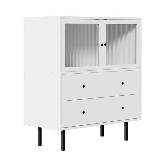 Oikiture Sideboard Tempered Glass Door 2 Drawers White