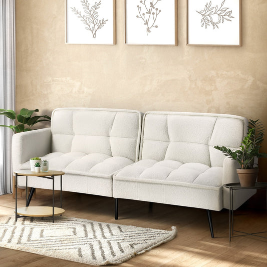 Oikiture 3-Seater Sofa Bed Convertible Boucle Sherpa Lounge Couch White