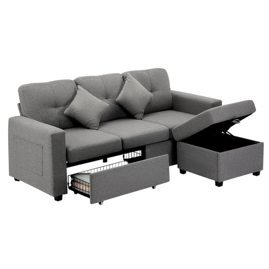 Oikiture Sofa 3 Seater Chaise Modular Couch Drawers Ottoman Fabric
