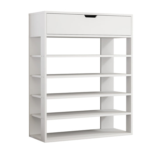 Oikiture Shoes Storage Rack 5-tier Shelves with Drawer White