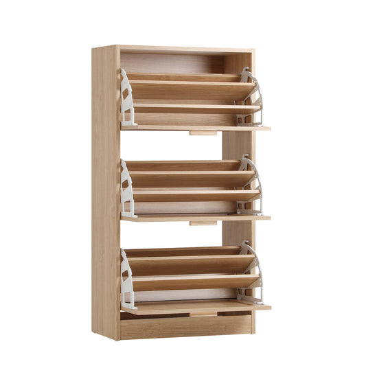 Oikiture Shoe Cabinet 3 Compartment with Rows Rattan Doors