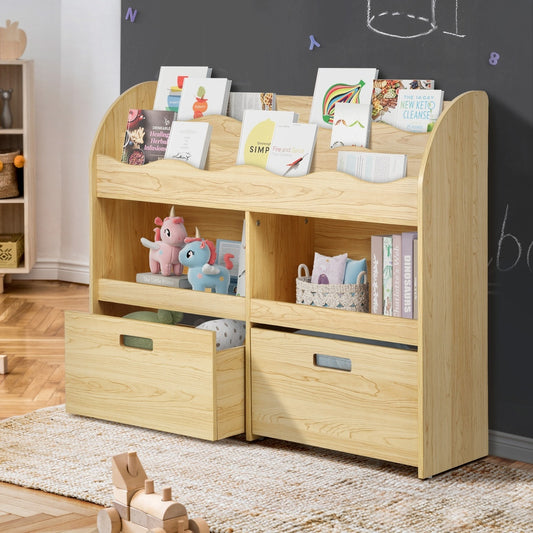 Oikiture Kids Bookshelf Toy Storage Box Organiser Display Shelf Natural