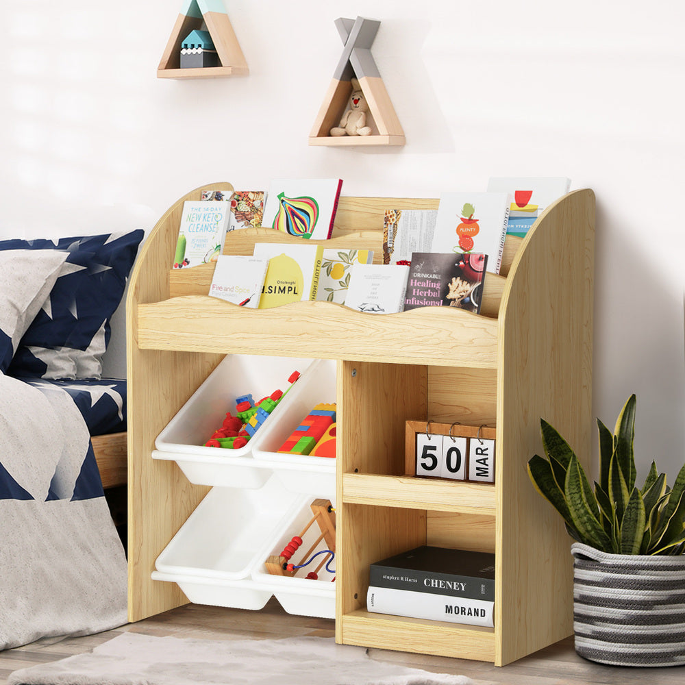Oikiture Kids Bookshelf 4 Bins Toy Box Storage Organiser Display Shelf