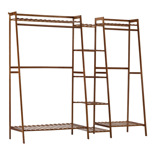 Oikiture Clothes Rack Open Wardrobe Hanging Rail Bamboo 9 Shelves