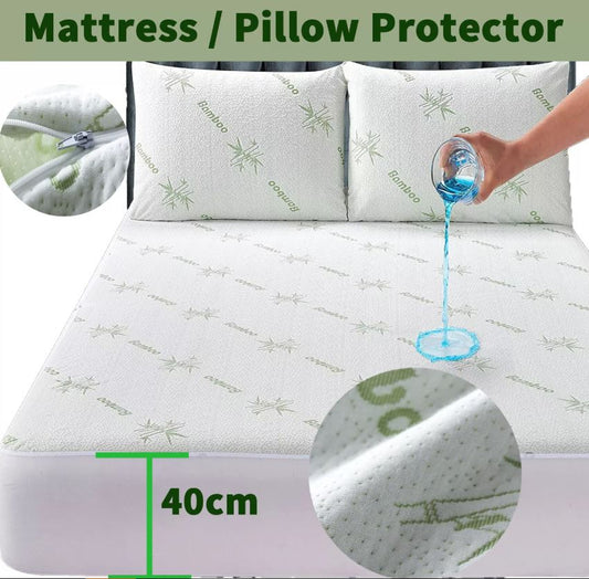 BAMBOO 100% WATERPROOF MATRESS / PILLOW MATTRESS PROTECTOR SOFT FITTED BED COVER