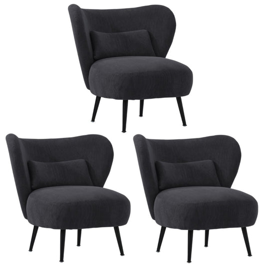 Oikiture 3x Armchair with Lumbar Pillow Wingback Velvet Charcoal