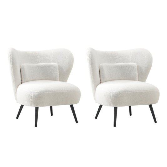 Oikiture 2x Armchair with Lumbar Pillow Wingback Boucle White