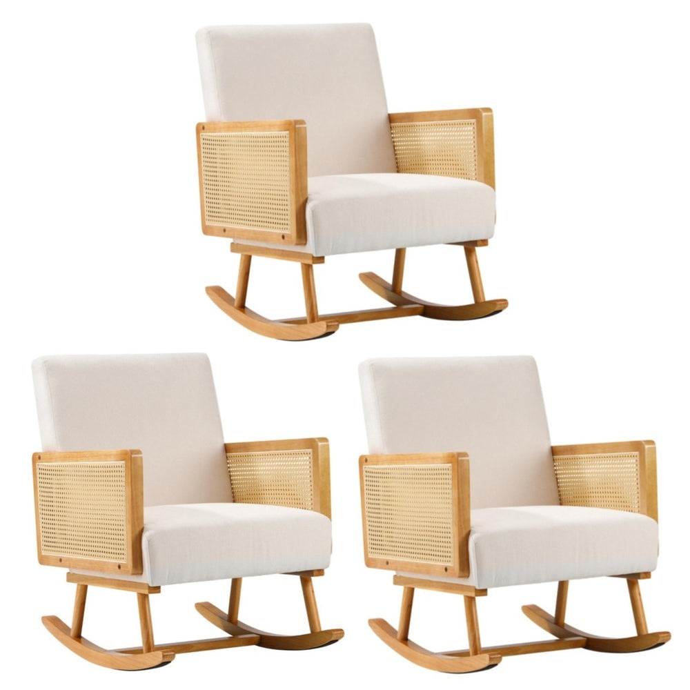 Oikiture 3x Rocking Chair Nursing Armchair Linen PE Rattan Beige
