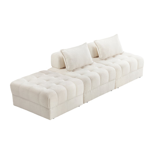 Oikiture 3 Seater Boucle Modular Sofa & Ottoman Set Armless White